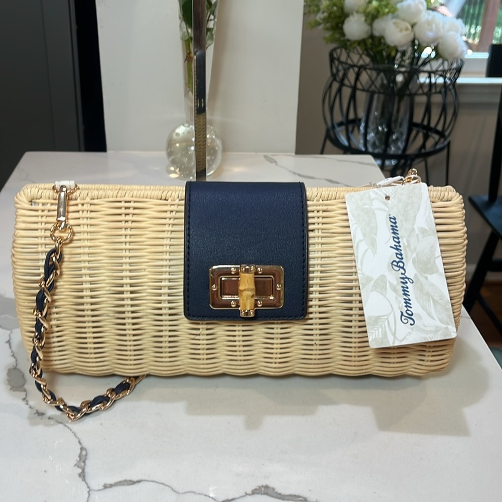 Tommy Bahama Woven Straw Shoulder Clutch Bag in Natural with Navy Trim - Picture 12 of 12
